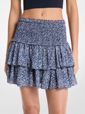 Mini-jupe smock&eacute;e en georgette &agrave; imprim&eacute; floral