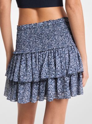 Mini-jupe smock&eacute;e en georgette &agrave; imprim&eacute; floral in MIDNIGHTBLUE | Michael Kors