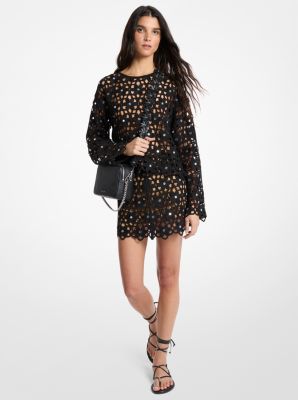 Mirror-Embellished Floral Crochet Skirt