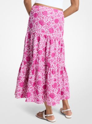 Floral Print Linen Blend Tiered Skirt