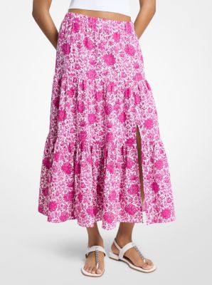 MK Gestufter Rock Aus Leinenmischung Mit Blumenmuster - Rosa