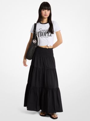 MK Gestufter, Gesmokter Maxirock Aus Baumwoll-Popeline - Schwarz