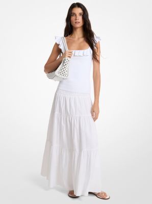 Smocked Cotton Poplin Tiered Maxi Skirt