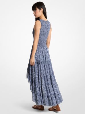 Smocked Floral Print Georgette High-Low Dress
