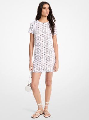 Kleid aus Neopren mit floralem Lasercut-Muster und Spiegeldetails