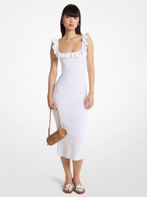 Vestido midi el&aacute;stico con volantes de viscosa in BLANCO | Michael Kors
