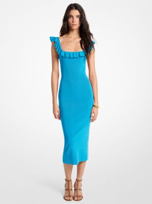 Robe mi-longue en viscose extensible &agrave; volants