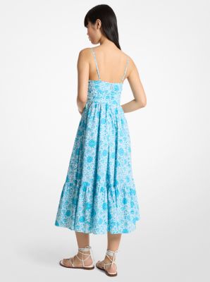 Vestido midi de popelina de algod&oacute;n con estampado floral in AZUL MILOS | Michael Kors