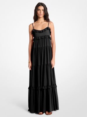 MK Gestuftes Maxikleid Aus Georgette Mit Rüschen - Schwarz