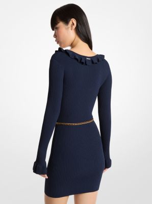 Vestido de punto el&aacute;stico con volante y cintur&oacute;n in MIDNIGHTBLUE | Michael Kors