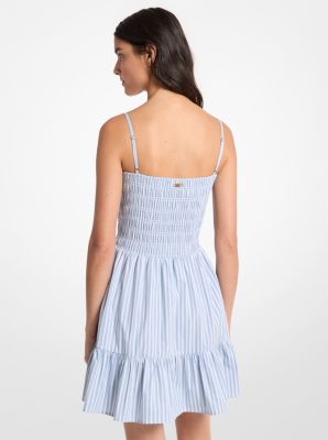 Striped Stretch Cotton Blend Smocked Dress