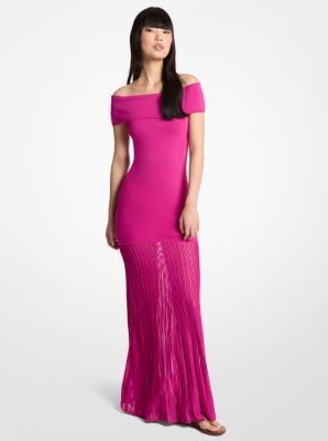 Pleated Stretch Knit Off-The-Shoulder Maxi Dress