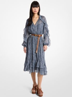 Ruffled Metallic Floral Print Georgette Belted Midi Dress