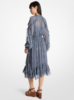 Robe mi-longue en georgette &agrave; volants avec imprim&eacute; floral m&eacute;tallis&eacute; et ceinture