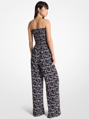 Jumpsuit van cr&ecirc;pe georgettte met bloemenprint, smokwerk en riem