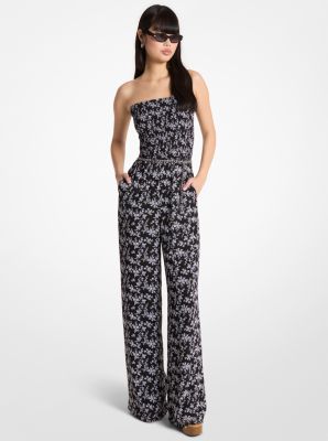 MK Gesmokter Jumpsuit Aus Georgette Mit Blumenmuster Mit Gürtel - Schwarz