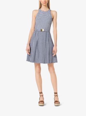 Michael Kors Collection - Navy Blue & Gold Metallic Belted Midi Dress