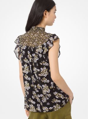 Blouse en cr&ecirc;pe georgette &agrave; motif floral et &agrave; col nou&eacute;