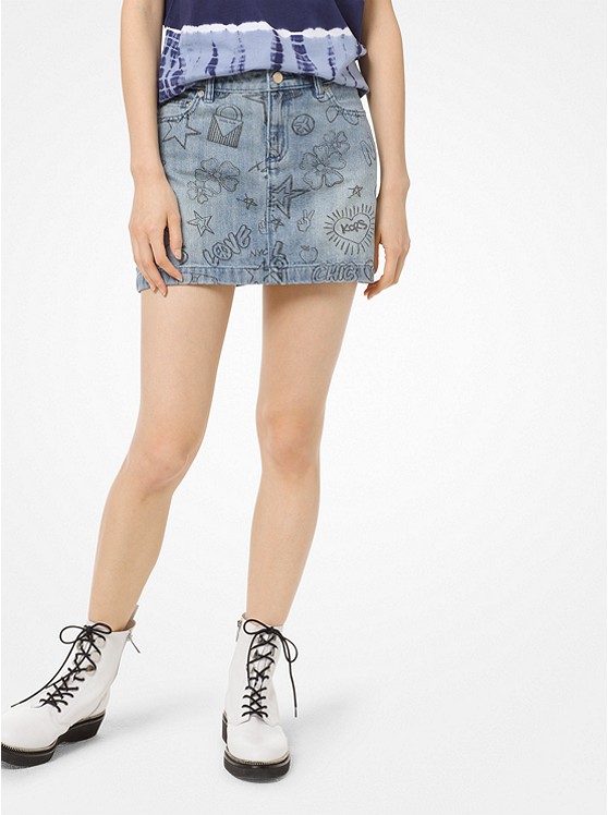 Sketch-Print Denim Mini Skirt