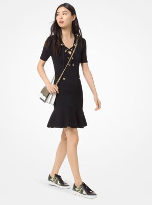 Lace-Up Ribbed Stretch-Viscose Flounce Dress