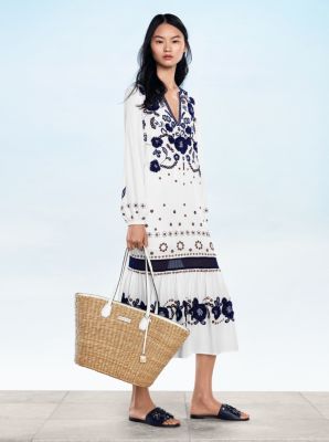 Floral Embroidered Dress, Malibu Tote, Tara Leather Slide