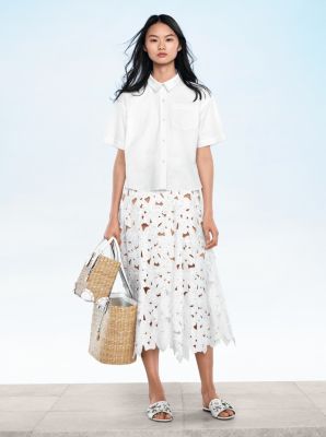 Cropped Shirt, Floral Lace Skirt, Malibu Satchel, Malibu Tote, Tara Leather Slide