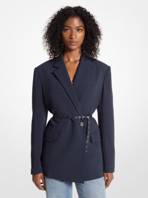 MK Belted Crepe Double-Breasted Blazer - Blue - Michael Kors MICHAEL Michael Kors