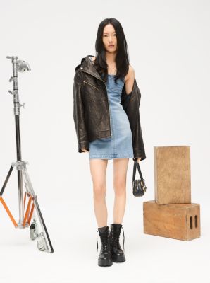 Veste de moto surdimensionnée en cuir froissé