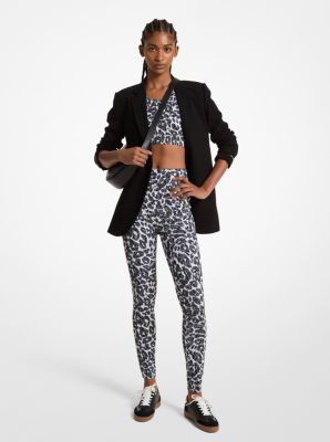Michael Kors Stretch Recycled Nylon Leopard Logo Leggings In Grey