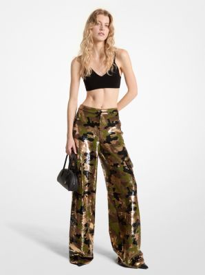 Sequined Camouflage Wide-Leg Cargo Pants