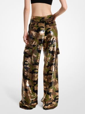 Pantalon cargo évasé à imprimé camouflage orné de paillettes