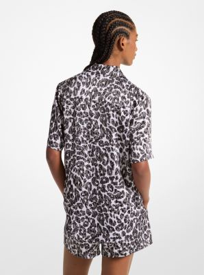 Leopard Logo Print Satin Camp Shirt