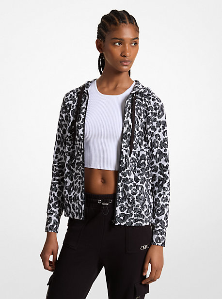 Michael Kors Leopard Logo Stretch Recycled Nylon Zip-up Hoodie In Gray