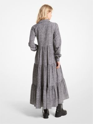 Robe mi-longue à volants en coton et en soie à imprimé léopard