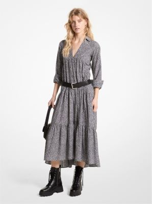 Shop Michael Kors Leopard Print Cotton And Silk Tiered Midi Dress In Grey