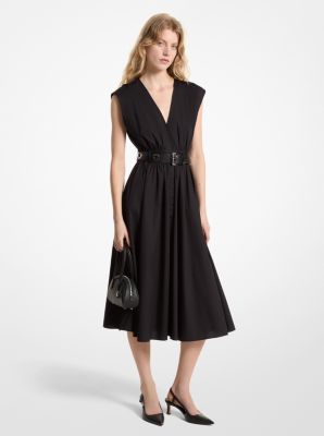 Shop Michael Kors Stretch Organic Cotton Poplin Midi Dress In Black