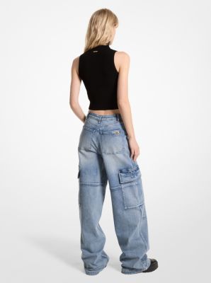 Stretch Denim Wide-Leg Cargo Jeans