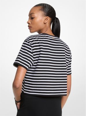T-shirt cropped in cotone a righe con logo