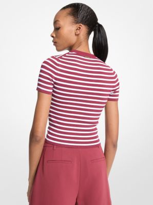 Striped Stretch Knit Short-Sleeve Sweater image number 1