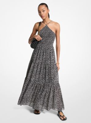 Gesmoktes Neckholder-Maxikleid mit Blumenmuster