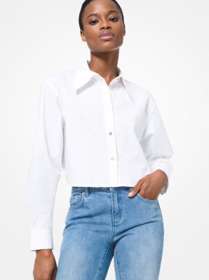 MK Stretch Cotton Poplin Cropped Shirt - White - Michael Kors