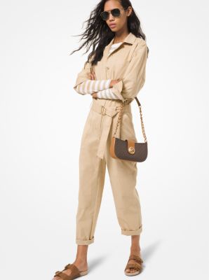 Michael Kors Stretch Organic Cotton Poplin Belted Jumpsuit in Natural