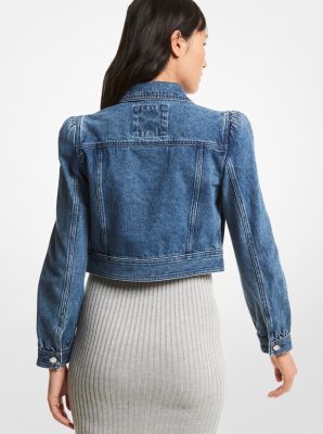 Cropped denim jacket deals puff shoulders