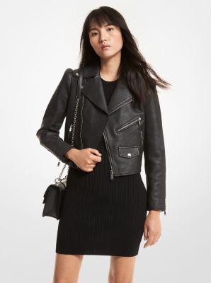 Pebbled Leather Puff-Sleeve Moto Jacket image number 0