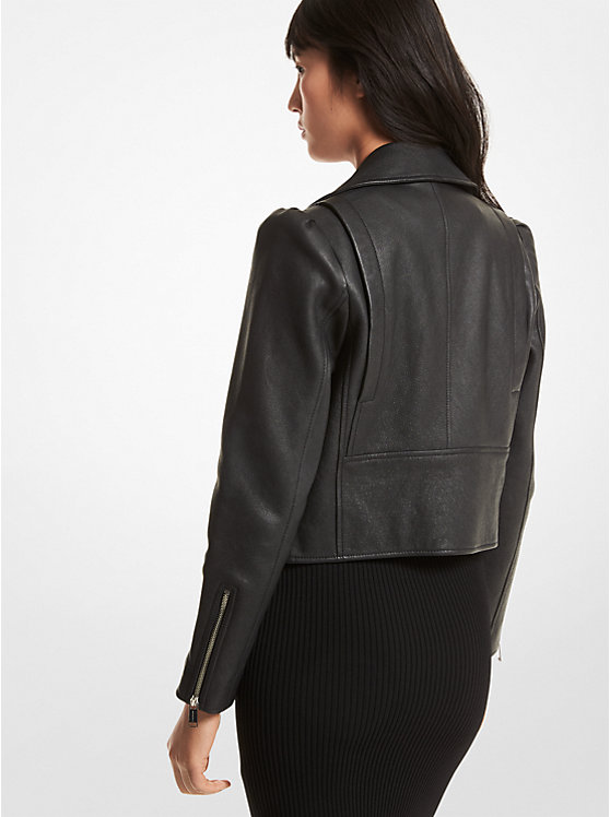 Pebbled Leather Puff-Sleeve Moto Jacket image number 1