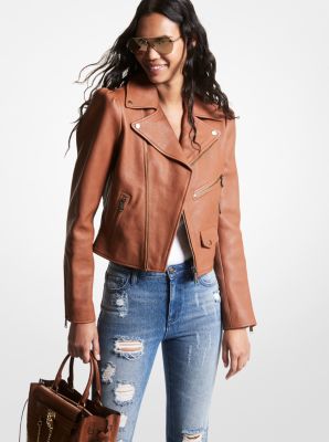 Pebbled Leather Puff-Sleeve Moto Jacket | Michael Kors