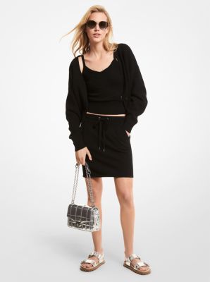 Ribbed Wool Blend Cropped Cardigan in BLACK | Michael Kors
