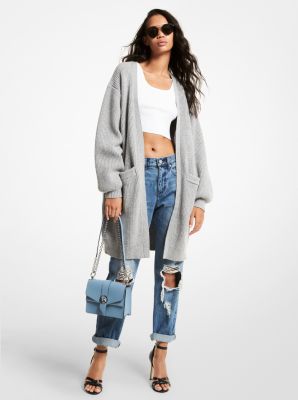 Nylon Blend Puff-Sleeve Cardigan