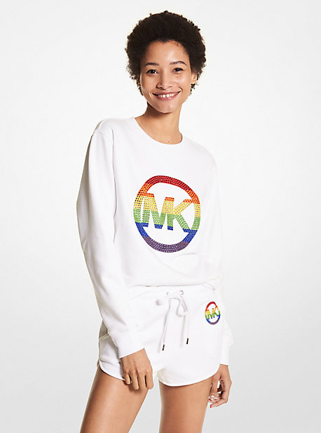 마이클 마이클 코어스 티셔츠  Michael Michael Kors PRIDE Embellished Organic Cotton Terry Sweatshirt,WHITE