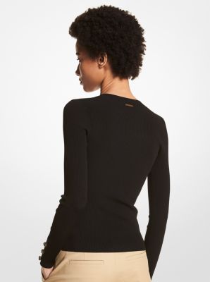 Logo Button Ribbed Viscose Blend Cardigan in BLACK | Michael Kors